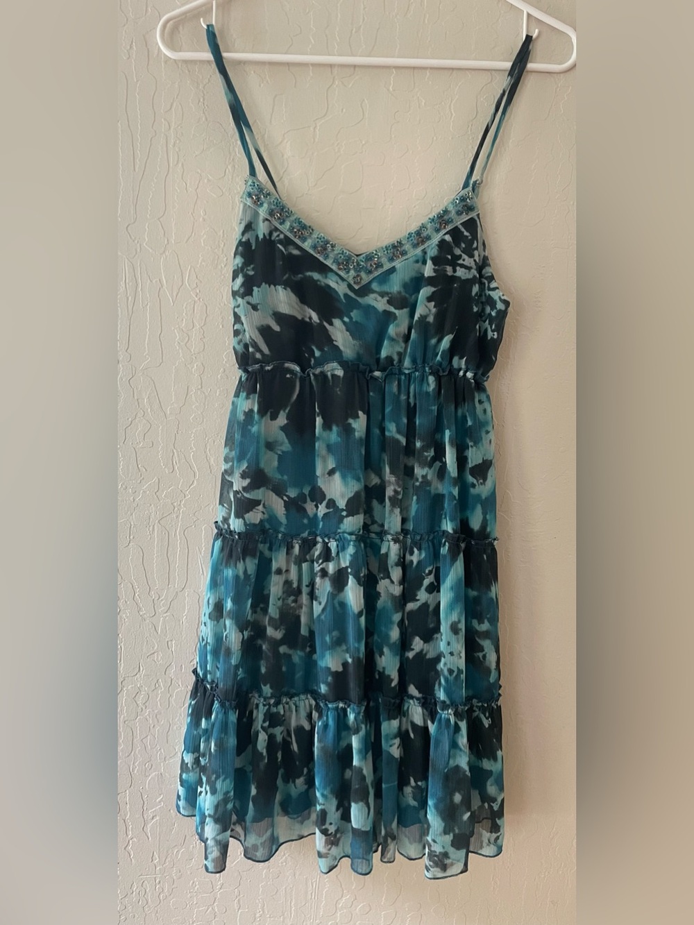 Rampage Teal & Navy Abstract Tiered Spaghetti-Strap Mini Dress